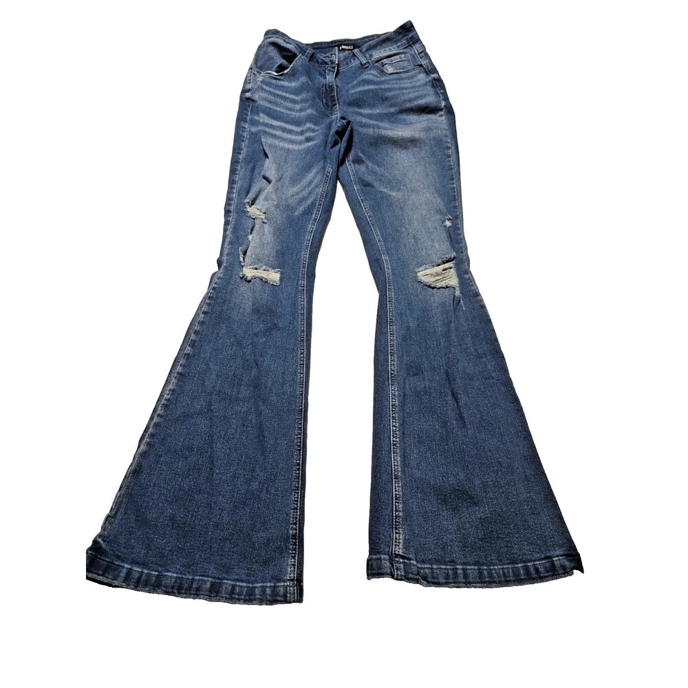 Flamingals Womens  Bell Bottom Distressed Blue Jeans   - Size M - Fits 28x29